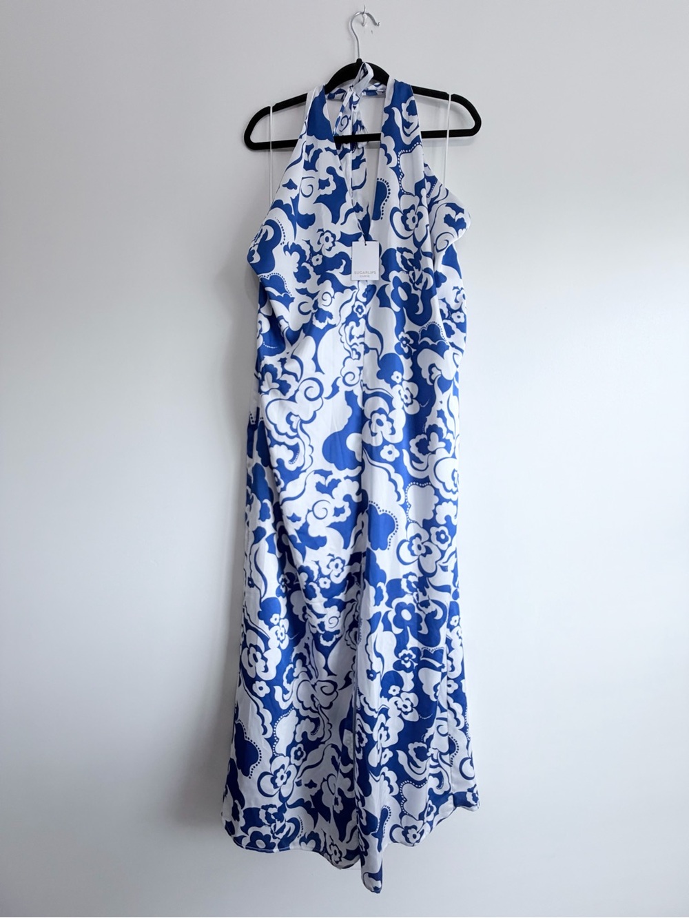 NWT Sugarlips Curve 3X Blue White Floral Halter Maxi Dress Satin Like - Picture 3 of 11